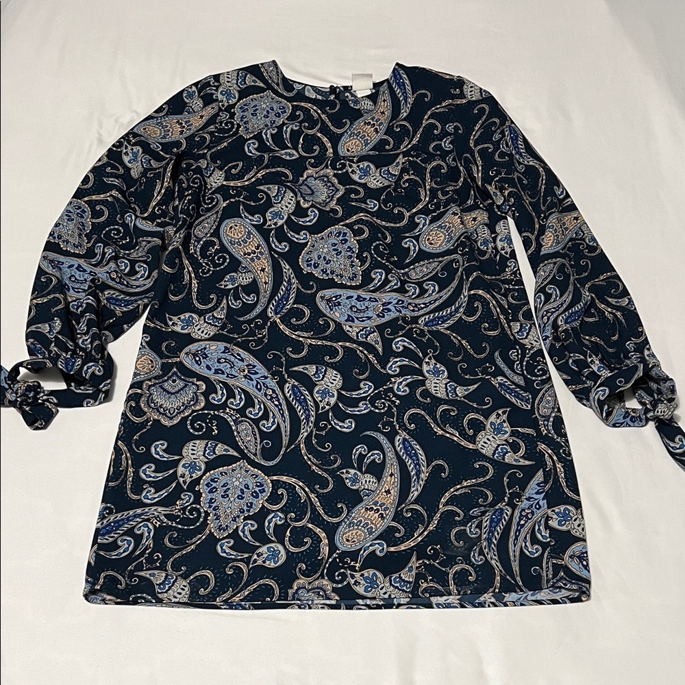 H&M Blue Paisley Long Sleeve Shift Dress- Ties at Sleeve Hem